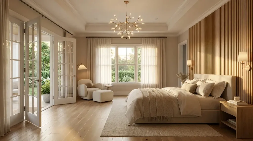 Contemporary bedroom remodel with French doors opening to a porch.